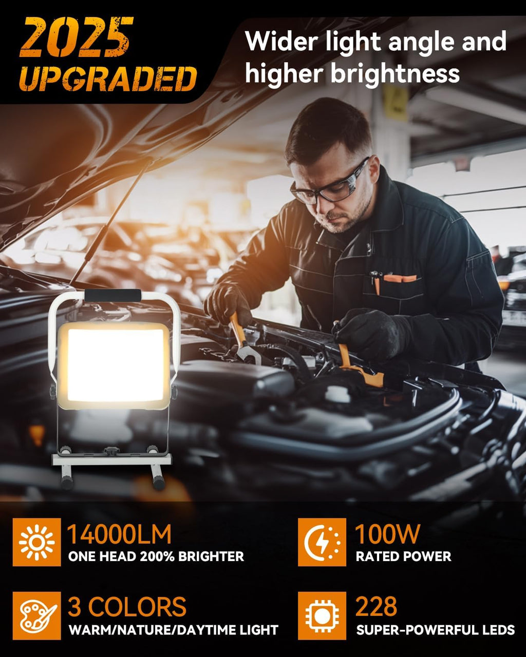UNIONLUX Upgraded LED Work Light 300% Brightness, 100W 14000LM Warm/Nature/Daytime 3 Colors 210° Wide Angle, 500W Equivalent LED Work Light for Garage, Workshop, Construction Site