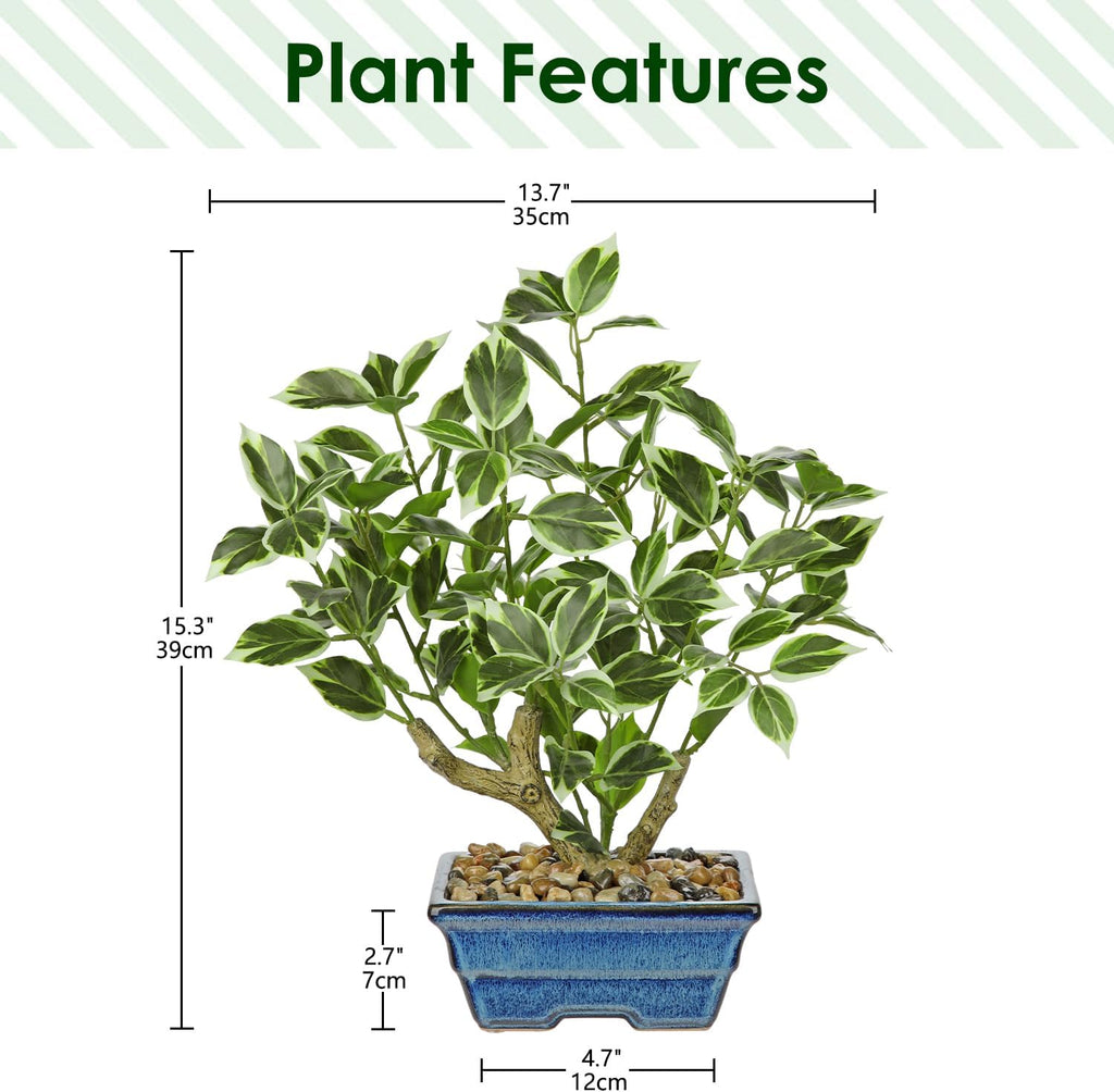 Fake Plants Small Artificial Plants Indoor 15.3" Fake Potted Plants Realistic Faux House Topiary Plants with Blue Ceramic Pot for Home Office Bathroom Kitchen Farmhouse Table Centerpieces Shelf Decor