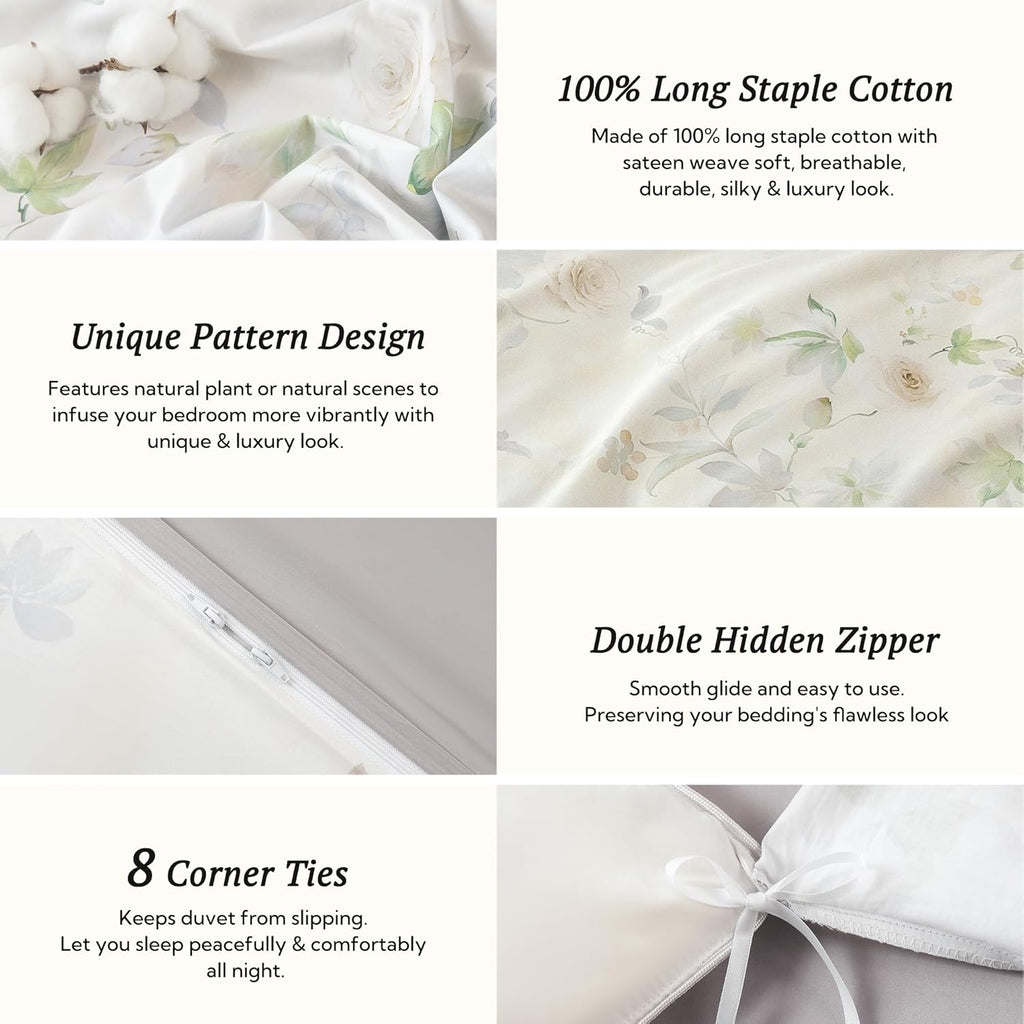 MILDLY Full Size Duvet Cover Set 100% Long-Staple Cotton Luxury White Floral Patten Reversible Comforter Cover Set 3Pcs