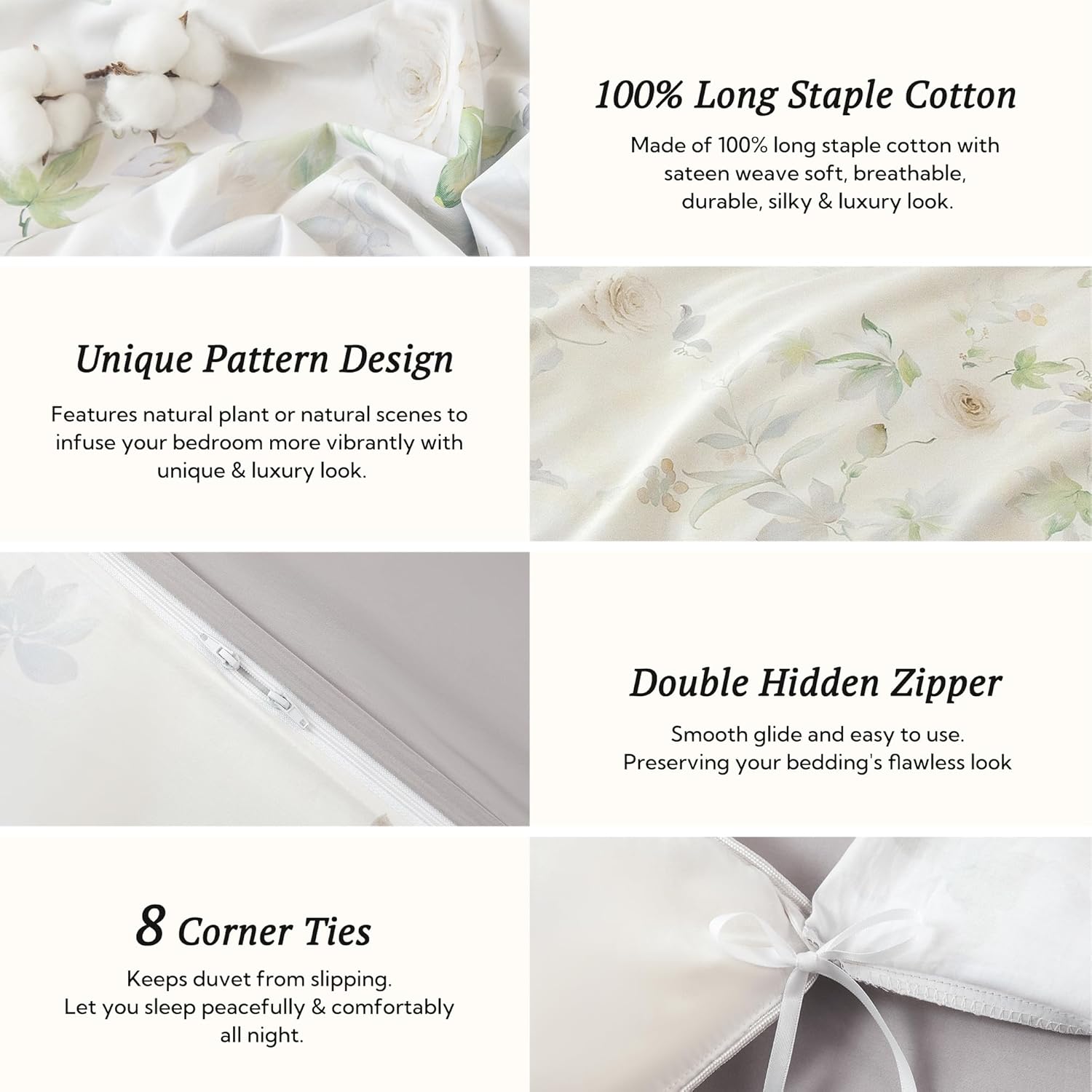 MILDLY Queen Size Duvet Cover Set 100% Long-Staple Cotton Luxury White Floral Patten Reversible Comforter Cover Set 3Pcs