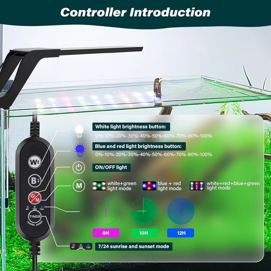 AQQA Aquarium Clip On Light,Fish Tank Full Spectrum LED Light,24/7 Sunrise Sunrise Mode+10 Adjustable Brightness Levels+Detachable Bracket+RGB LEDs + USB and Adapter,for Freshwater (8W)