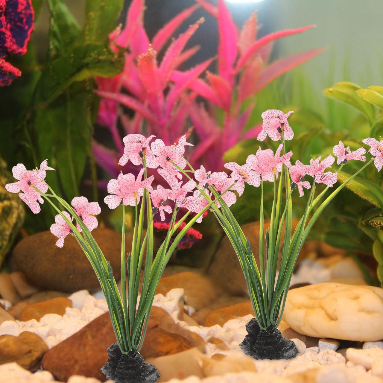 NOLITOY 4Pcs Artificial Aquarium Plants, Fish Tank Decorations Goldfish Betta Cave Accessories for Desk Top Decor (Pink)