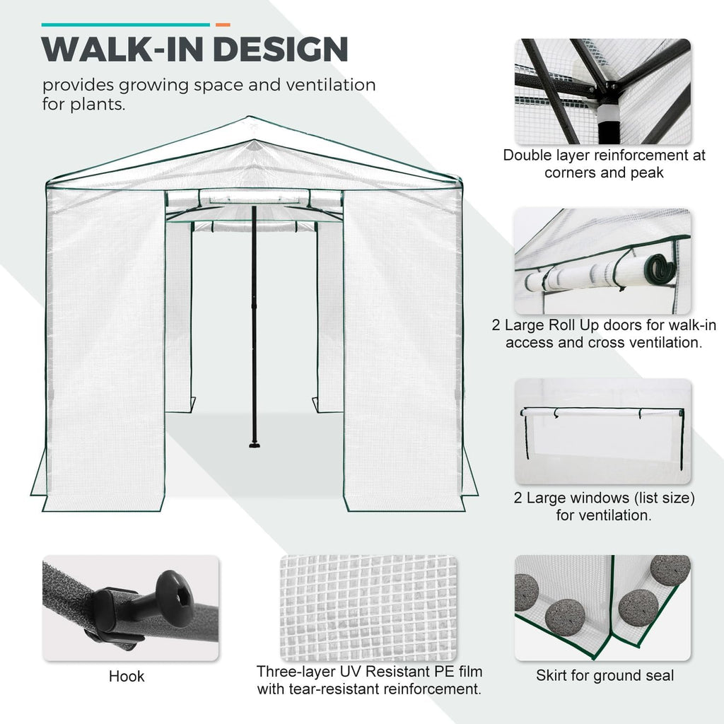 EAGLE PEAK Instant Pop-up Greenhouse, Indoor Outdoor Plant Gardening Green House, Roll-Up Zipper Doors & Side Windows - Winter Support Pole, Walk in 12x8 ft, White/Clear