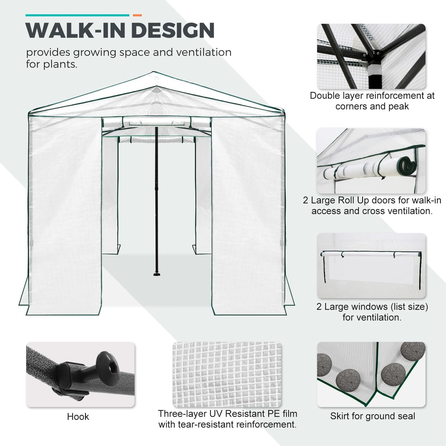 EAGLE PEAK Instant Pop-up Greenhouse, Indoor Outdoor Plant Gardening Green House, Roll-Up Zipper Doors & Side Windows - Winter Support Pole, Walk in 12x8 ft, White/Clear