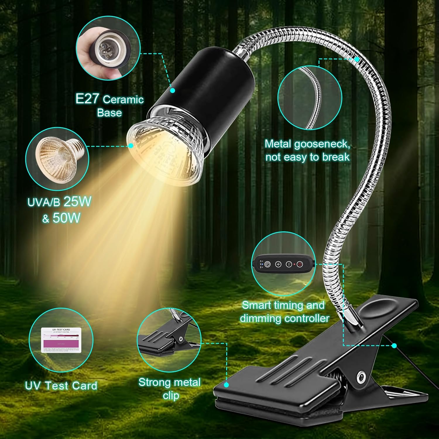 Reptile Heat Lamp Turtle Light - Long Lasting Ceramic Socket Basking Lamp with Auto Timer & Dimmer, 2 E27 Bulbs (25W & 50W) with UVB Support & Test Card for Turtles, Tortoises, Bearded Dragons, Geckos