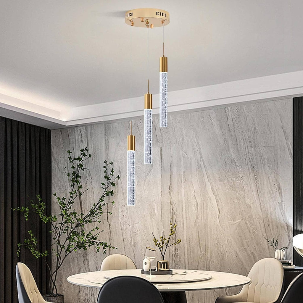 Modern Crystal Chandelier 3-Lights, Spiral LED Raindrop Kitchen Island Pendant Lighting, Bubble Foyer Dinimg Room Hanging Light Fixture Remote Control Gold