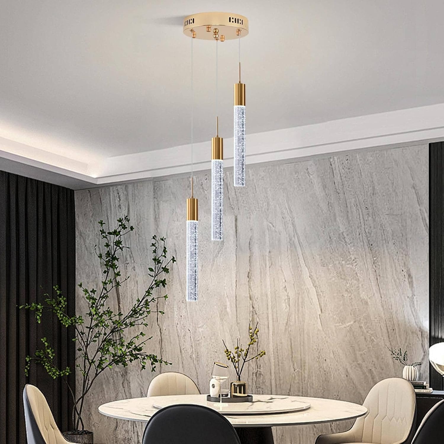 Modern Crystal Chandelier 3-Lights, Spiral LED Raindrop Kitchen Island Pendant Lighting, Bubble Foyer Dinimg Room Hanging Light Fixture Remote Control Gold