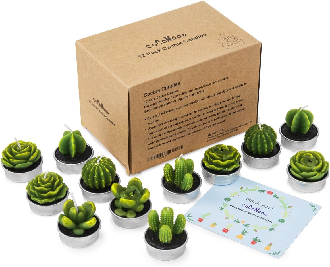 Cactus Tealight Candles,12 Pieces Handmade Delicate Succulent Cactus Candles for Party Wedding Spa Home Decoration
