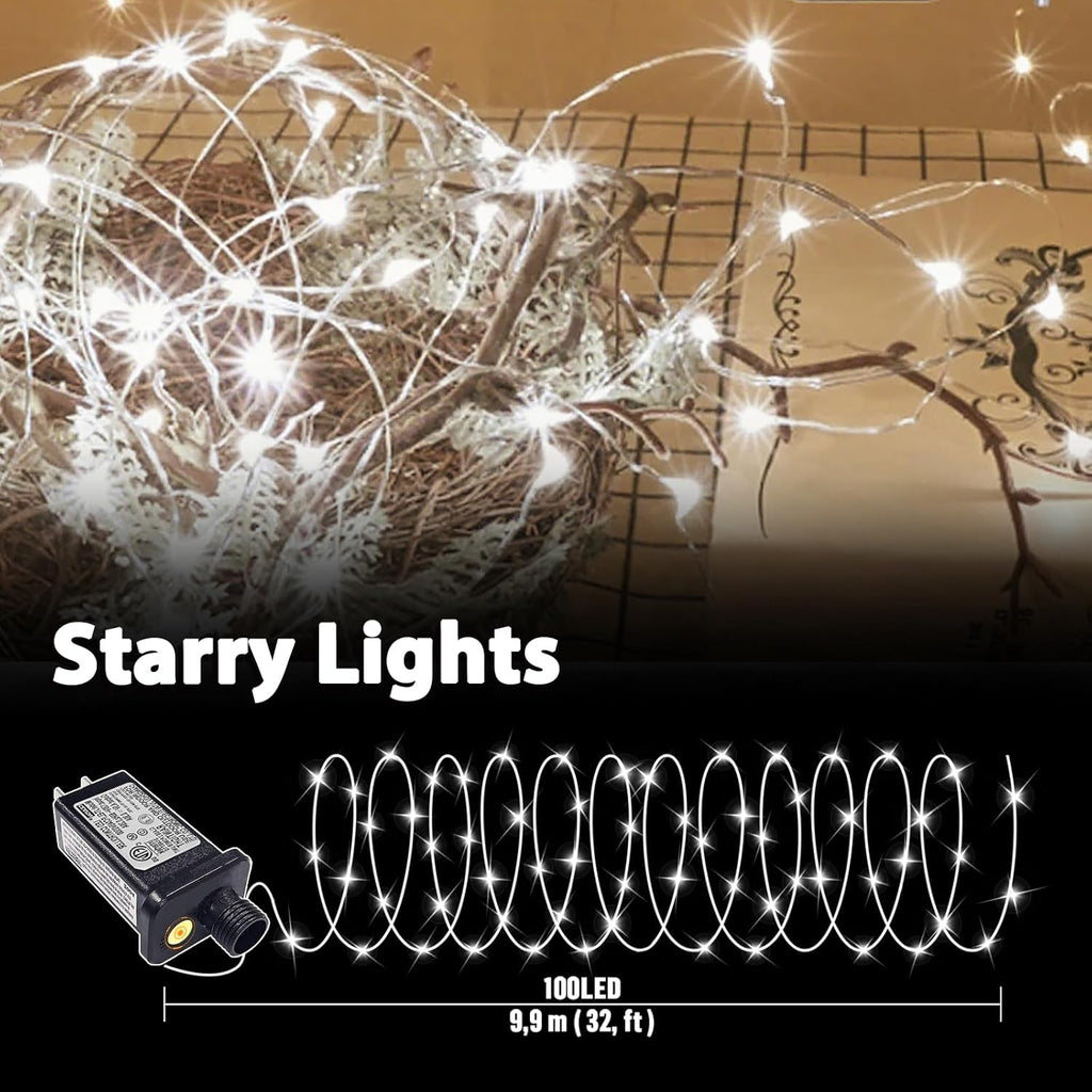 LAMPHOME Fairy Lights Plug in, 33Ft 100 LEDs Waterproof Twinkle Firefly Lights, Adaptor Included, Starry String Lights for Wedding Indoor Outdoor Christmas Patio Garden Decoration, White