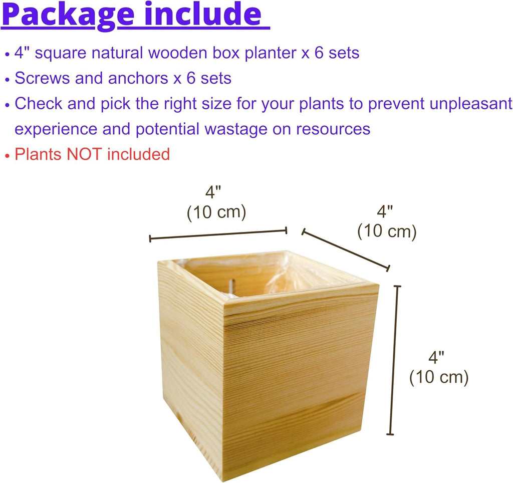 LaLaGreen Wooden Planter Box for Plants (4x4 Inch, 6 Pack) Small Square Wall Planters for Indoor Plant, Natural Wood Hanging Flower Boxes Herb Planter Table Centerpiece Modern Home Garden Office Decor