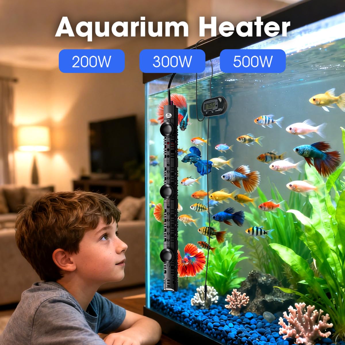 MQ Submersible Aquarium Heater Auto Thermostat, 500W Fish Tank Heater with LCD Digital Aquarium Thermometer, Shatter-Proof and Blast-Proof