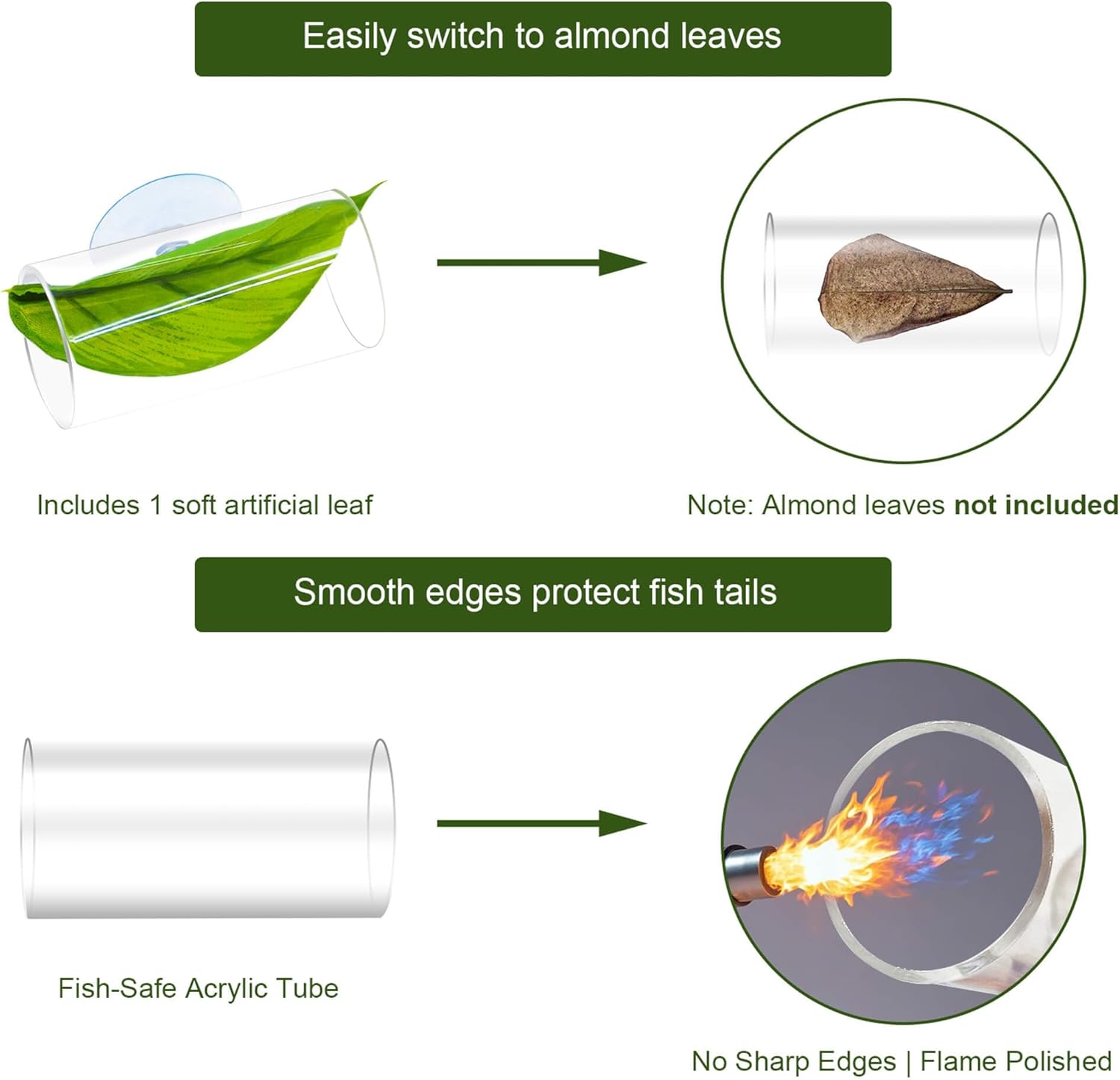 Acrylic Betta Hammock Tunnel, Betta Fish Tank Accessories & Aquarium Tunnel Decor, Fish Tank Hideout with Soft Faux Leaf Hammock, Beta Bed Resting Spot for Bettas (S Size — 3.14" × 1.57" OD)