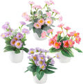 Boho Style 4-Piece Silk Flower Arrangement | Realistic Artificial Plants with Vase | Daisy & Lily Pots | No Maintenance Required