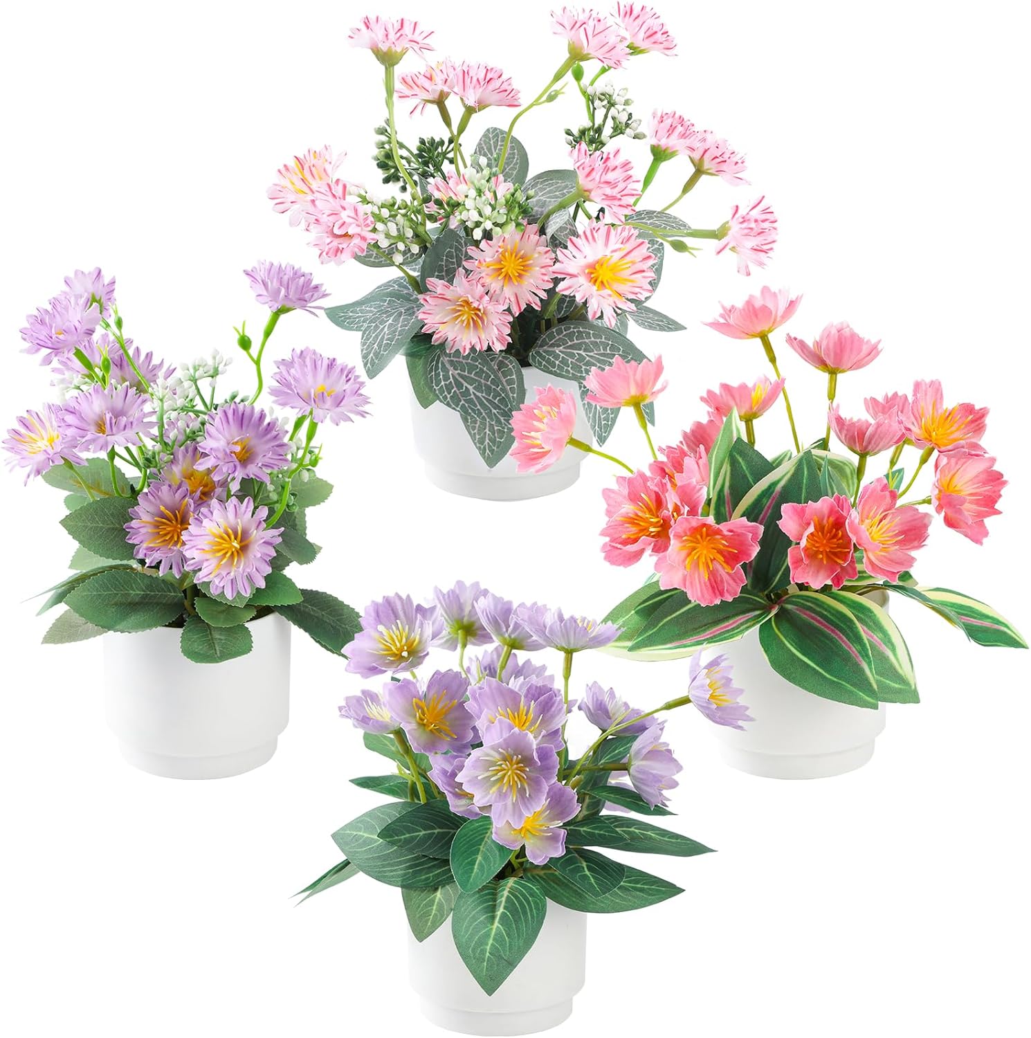 Boho Style 4-Piece Silk Flower Arrangement | Realistic Artificial Plants with Vase | Daisy & Lily Pots | No Maintenance Required