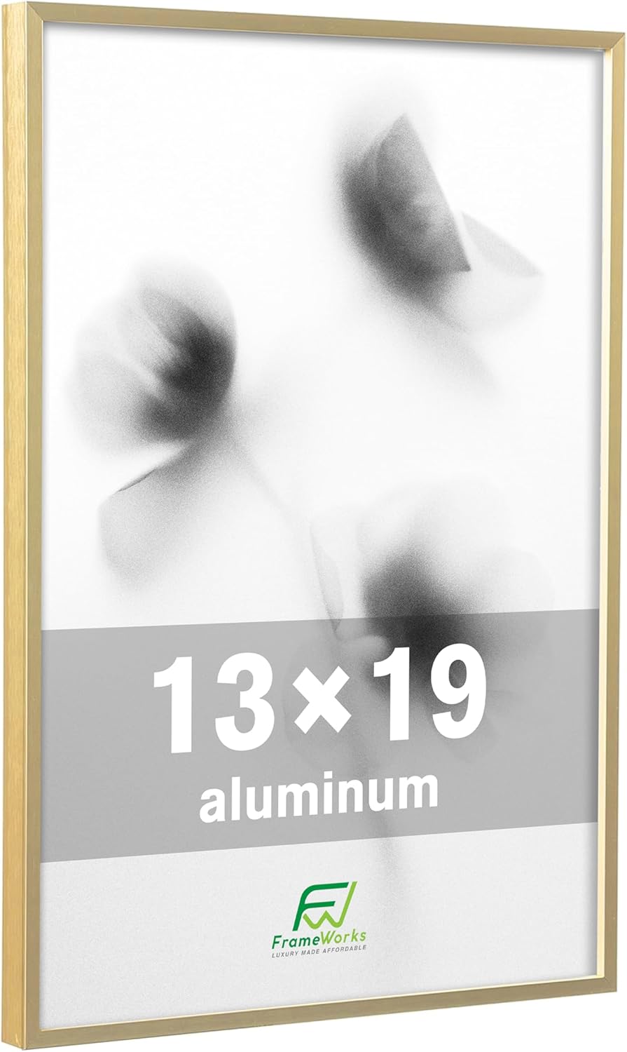 FrameWorks 13x19 Brushed Aluminum Poster Frames – Modern Brushed Metal Design w/Shatterproof Plexiglass, Perfect for Posters, Artwork, Paintings, Wall Displays – Home or Office Decor, Gold - 3 Pack