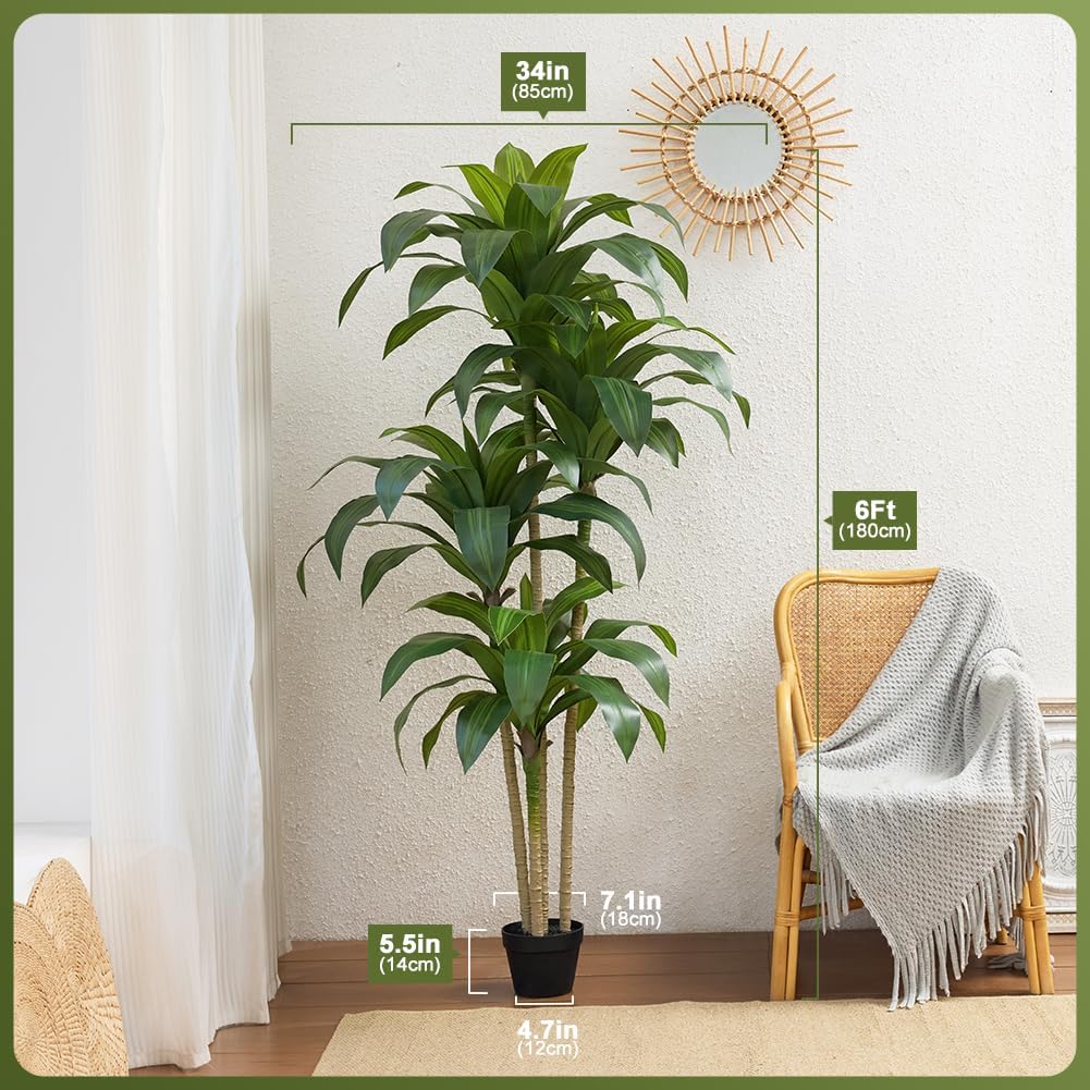 Artificial Dracaena Tree, 6FT Tall Fake Plants with UV Resistant Leaves, Faux Tropical Yucca Trees for Indoor Outdoor, Potted Large Floor Plant for Home Decor Living Room Porch, VN123