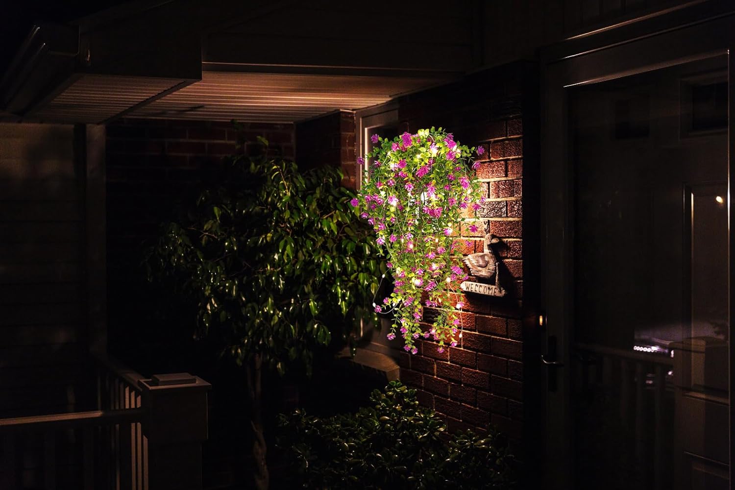 RECUTMS Artificial Hanging Plants with Lights Fake Hanging Plant Faux Eucalyptus Leaf Greenery Vine Outdoor UV Resistant Plastic Plants Home Garden Wedding Party Indoor Outdoor Decorations (Fuchsia)