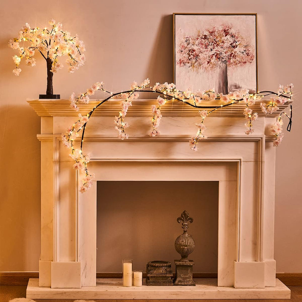 Fudios Lighted Garland Spring with Cherry Blossom 96 Fairy Lights 6FT for Mantle Year Round,Flower Garland with Lights with Timer Battery Operated for Wedding Party