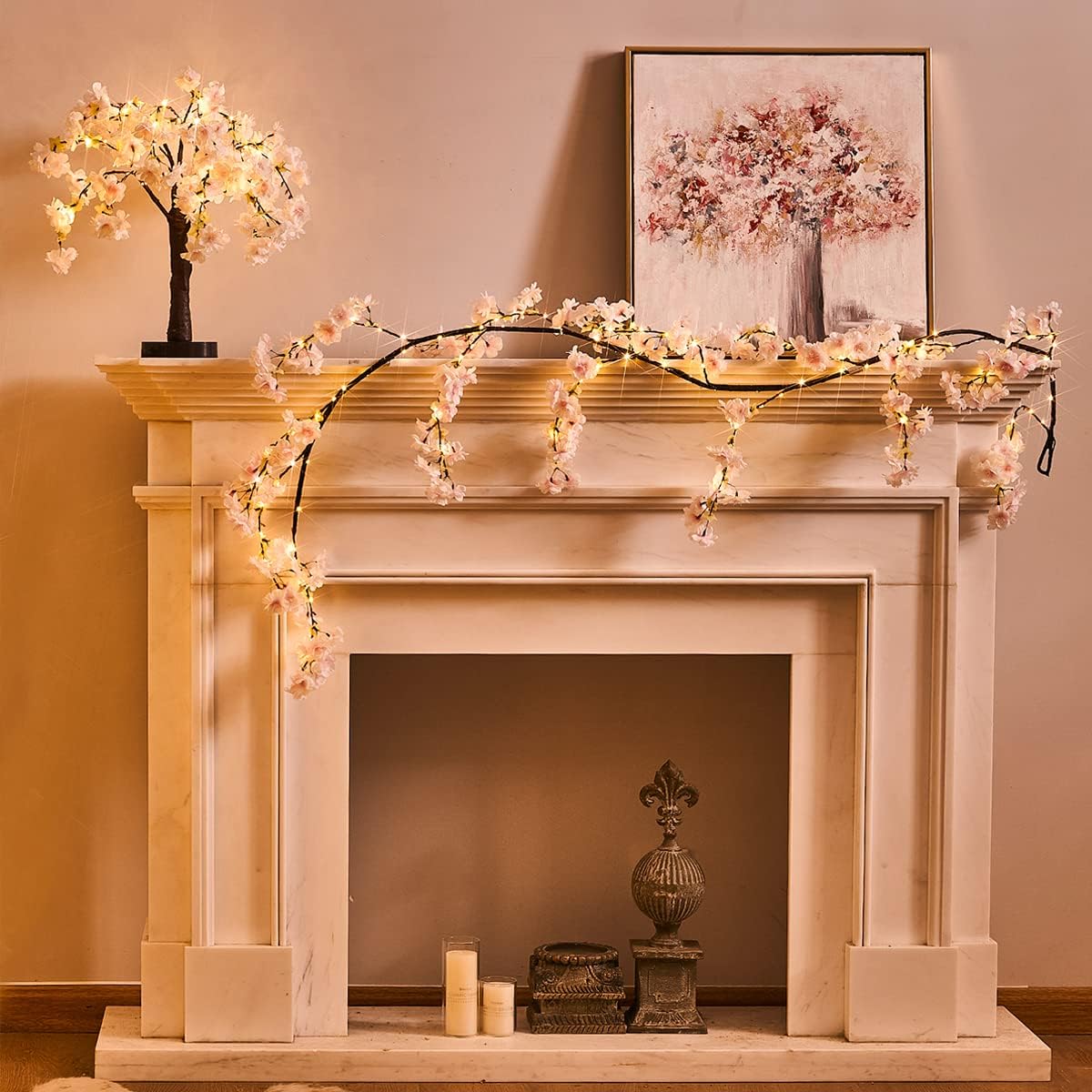 Fudios Lighted Garland Spring with Cherry Blossom 96 Fairy Lights 6FT for Mantle Year Round,Flower Garland with Lights with Timer Battery Operated for Wedding Party