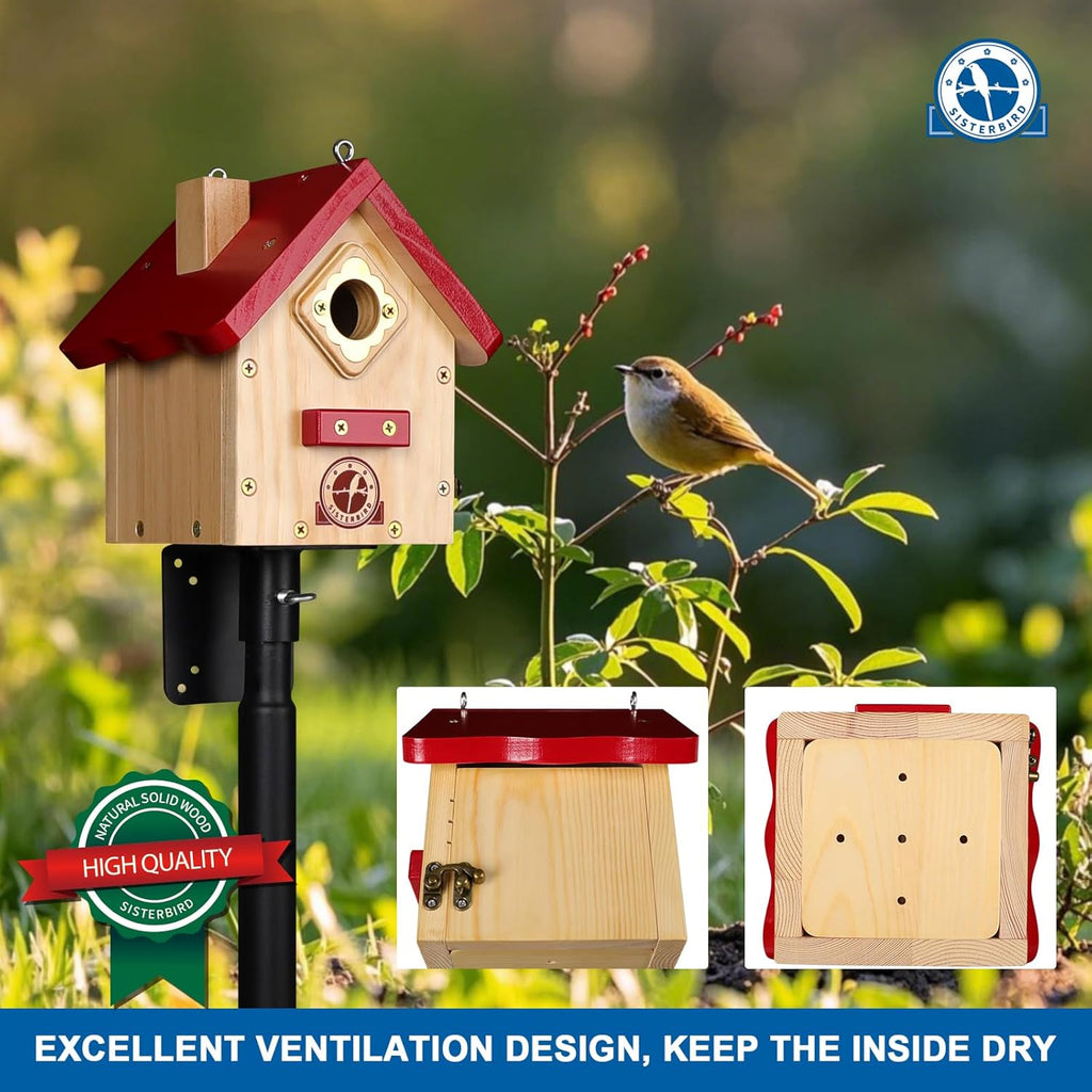 Wren Bird House, Premium Wooden Bird Houses for Outside, Classic Cabin Design Birdhouses for Outdoors, Hanging Bird House, Red-Breasted Nuthatch Wren Chickadee