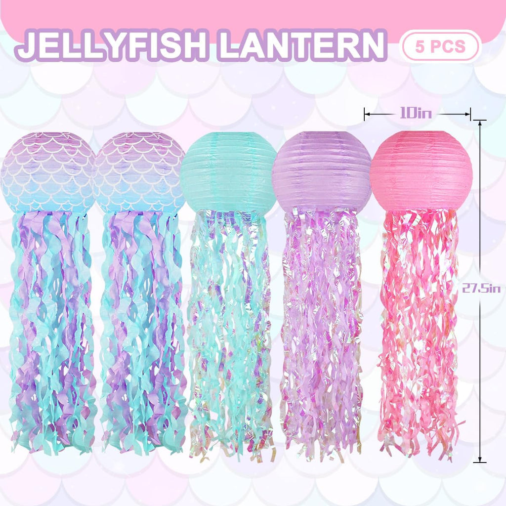 Mermaid Birthday Decorations, Jellyfish Paper Lanterns Pink Lavender Blue Mermaid Scales Hanging Lantern for Baby Shower Theme Under The Sea Ocean Birthday Party Decorations Set of 5