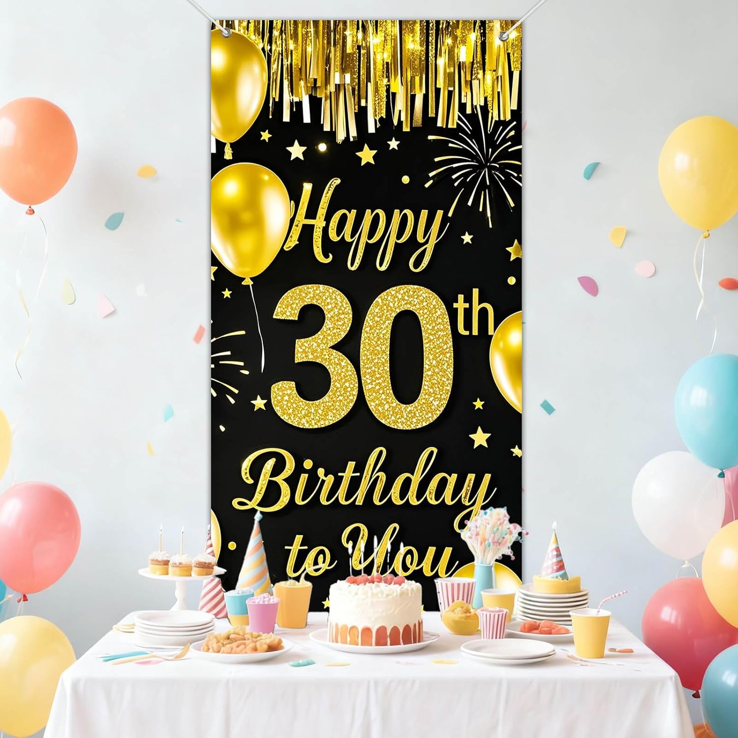 IVN 30th Birthday Door Cover 71x35 Inch Black Gold Birthday Banner for Party Decorations Balloons Stars Fireworks Backdrop Sign for Men Women Photo Booth Prop Wall Decor