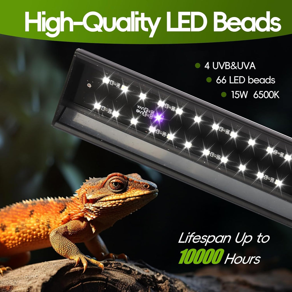 UVB Light for Reptiles with Dimmer,16 inch 15W LED UVA UVB Reptile Light Fixture with 4 Auto Modes for Ferguson Zones, Terrarium Lamp for Bearded Dragons, Leopard Gecko, Snake, Turtle & More