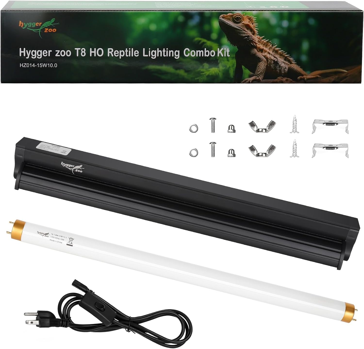 T8 UVB Reptile Light Fixture HO UVB Bulb Lighting Combo Kit, 10.0 UVB Light for Reptiles Terrarium Hood with 15W Reptile Light Bar UVA UVB Desert Lamp for Bearded Dragon Turtle Tank, 18Inch
