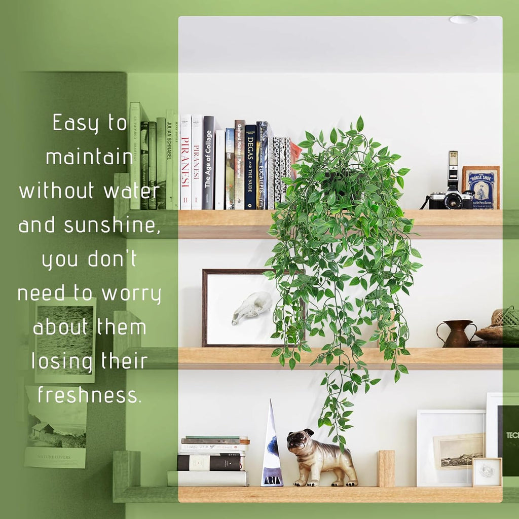 Fake Hanging Plant with Pot Small Artificial Potted Vine Plants 28.7-in Long Faux drooping Foliage Plants for Shelf Home Office Indoor Outdoor Garden Greenery Decor (Black Pot)