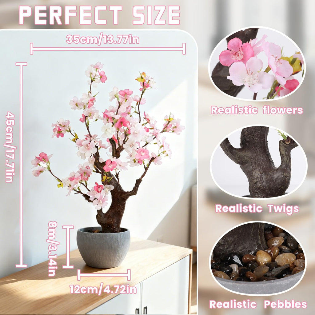 TOARTi Artificial Pink Cherry Blossom Potted Plant with Stone Pot, 18" Tall Fake Flowers Faux Plants Desk Plant, Realistic Plants Home Indoor Decor for for Home Bedroom Bathroom Office Desk