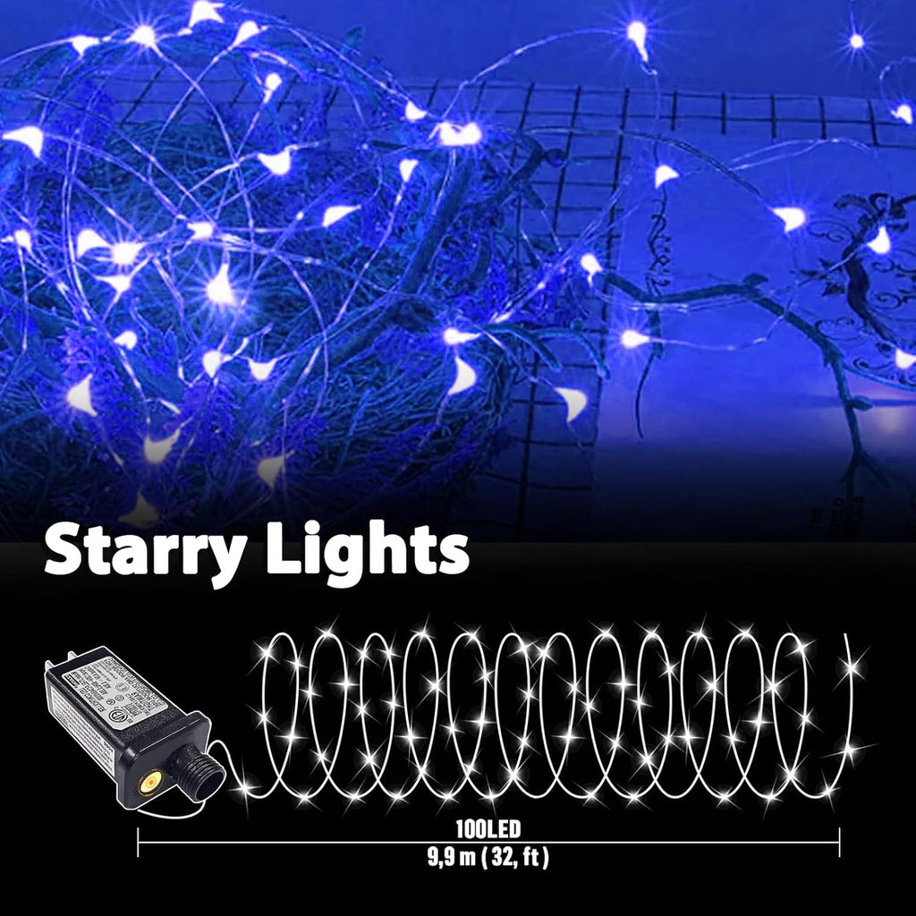 LAMPHOME Fairy Lights Plug in, 33Ft 100 LEDs Waterproof Twinkle Firefly Lights, Adaptor Included, Starry String Lights for Wedding Indoor Outdoor Christmas Patio Garden Decoration, Blue