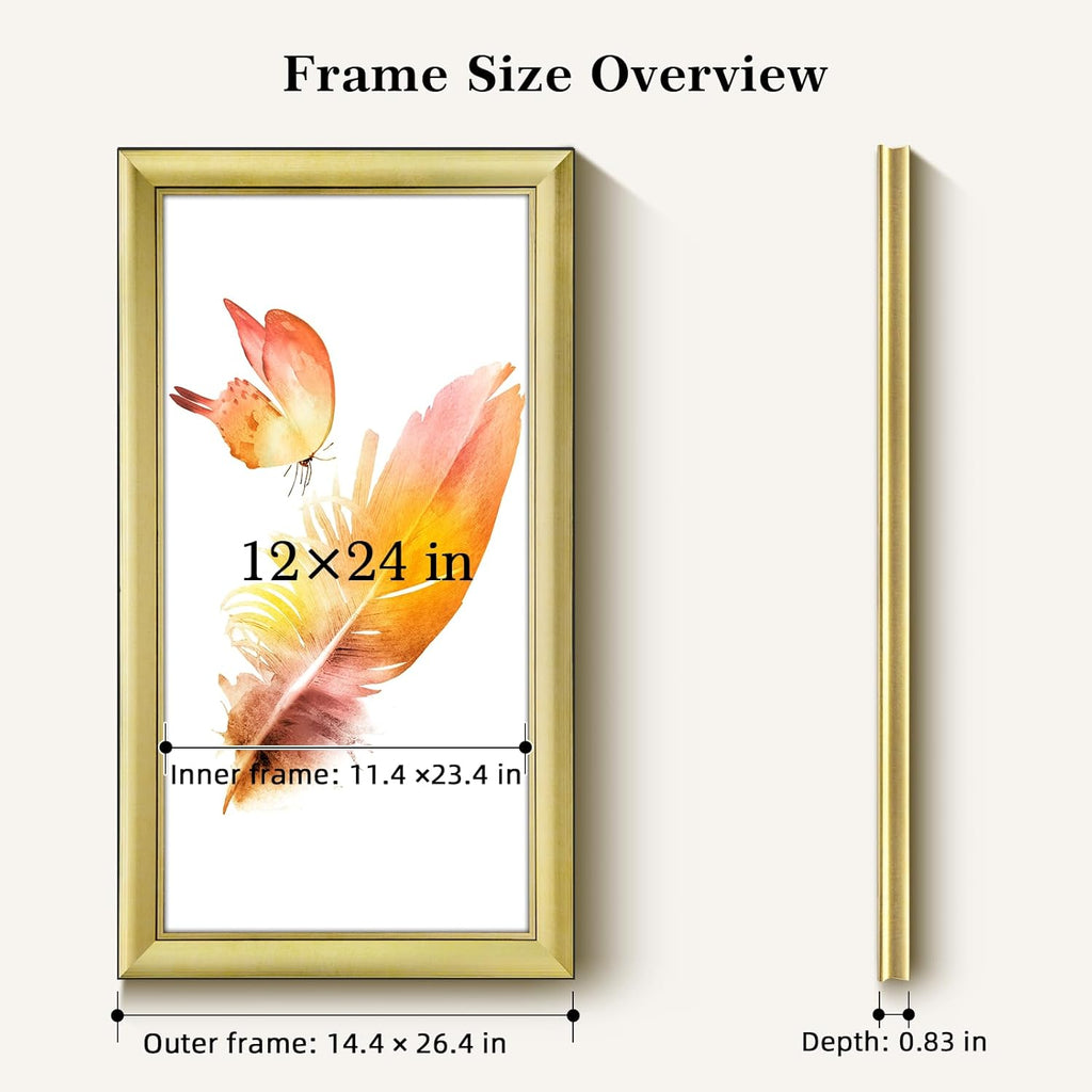HLiWEGNS Brushed Gold 12x24 Frame – Poster Frame with Brushed Gold Finish – Picture Frame for 12 x 24 Artwork, Canvas Prints, Puzzles, and Wall Decor
