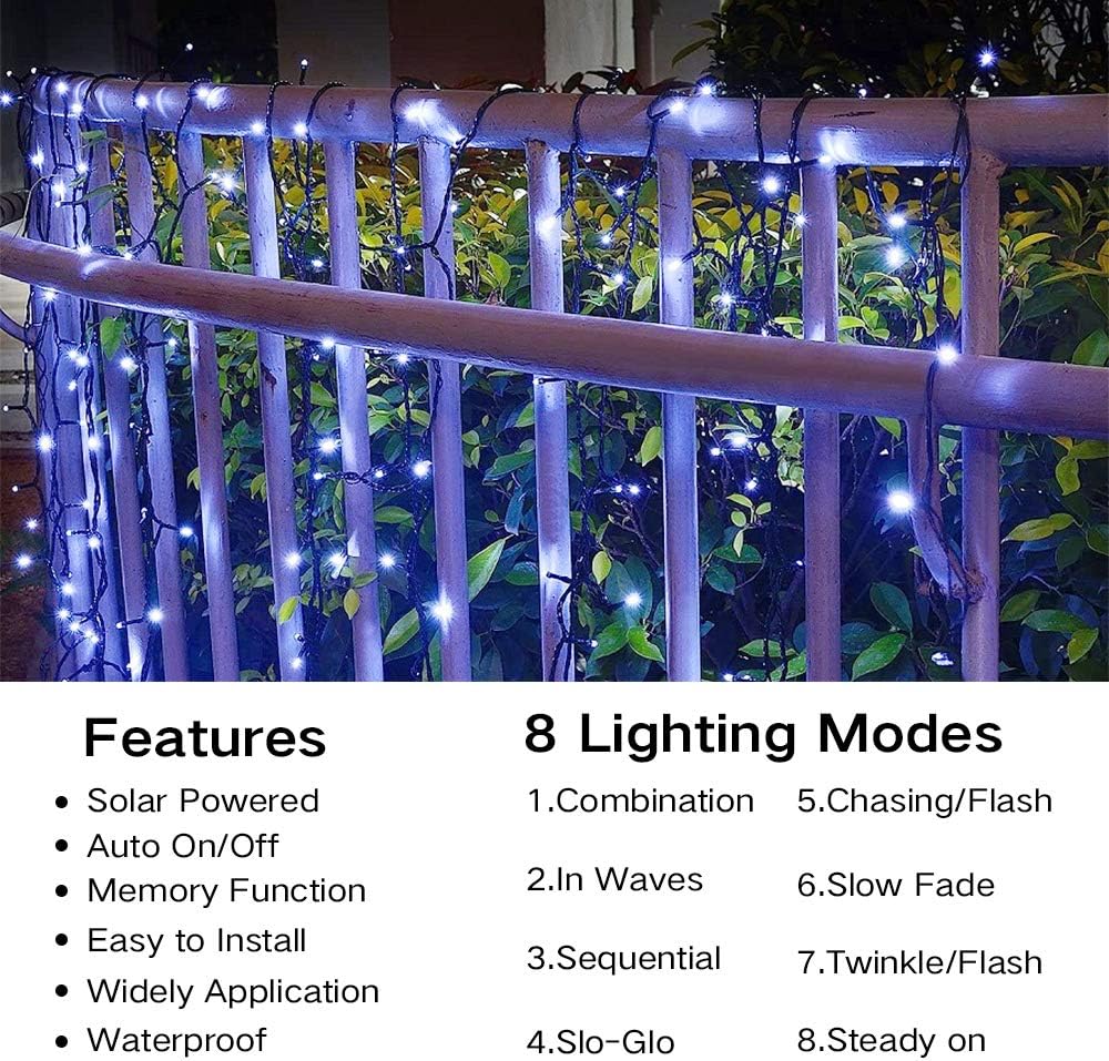 Joomer Solar Christmas Lights Outdoor, 105FT 300 LED 8 Modes Solar String Lights Waterproof Fairy Tree Lights for Garden Yard Patio Christmas Decoration(White)