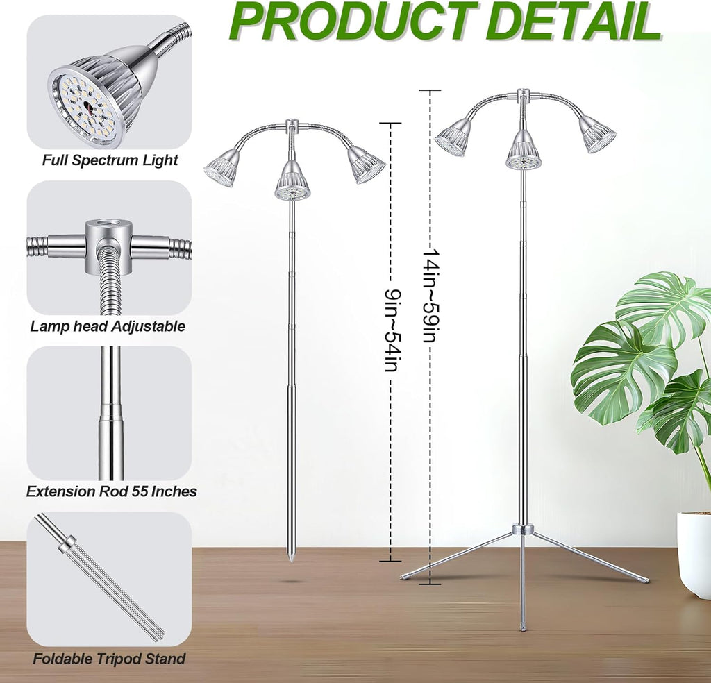 Grow Lights with 3 Heads for Indoor Plants, 10-55 Inches Height Adjustable Aluminum Alloy, Full Spectrum Plant Growing Lamps with Detachable Tripod Stand, Auto On/Off Timer