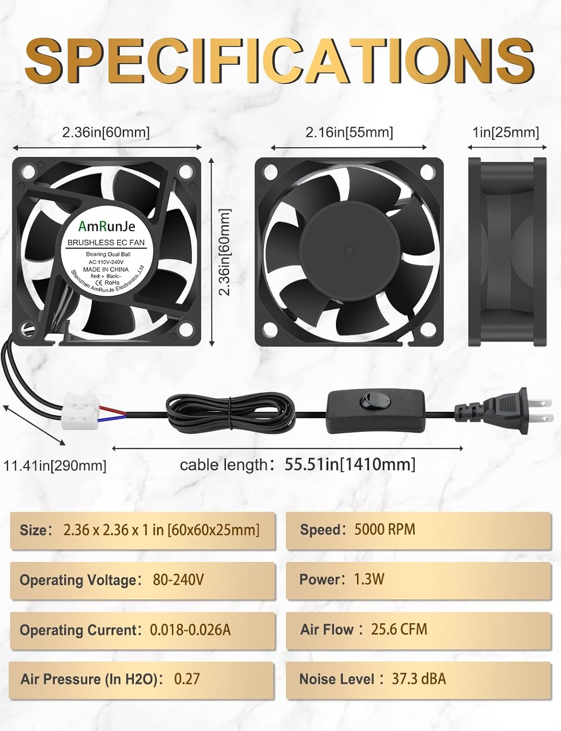 EC Small Cooling Fan 110V 115V 120V 220V 240V 60mm x 25mm Dual Ball Bearing Fan for Cooling Computer Case, TV Box, Amplifier, Small Equipment, and Exhaust Projects