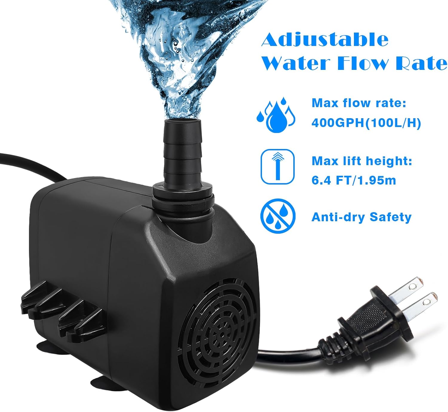 Submersible Water Pump, 400GPH 19W 1000L/H Flow with 6.5ft High Lift for Aquariums, Fish Tanks, Ponds, Hydroponics, and Statuary - Black