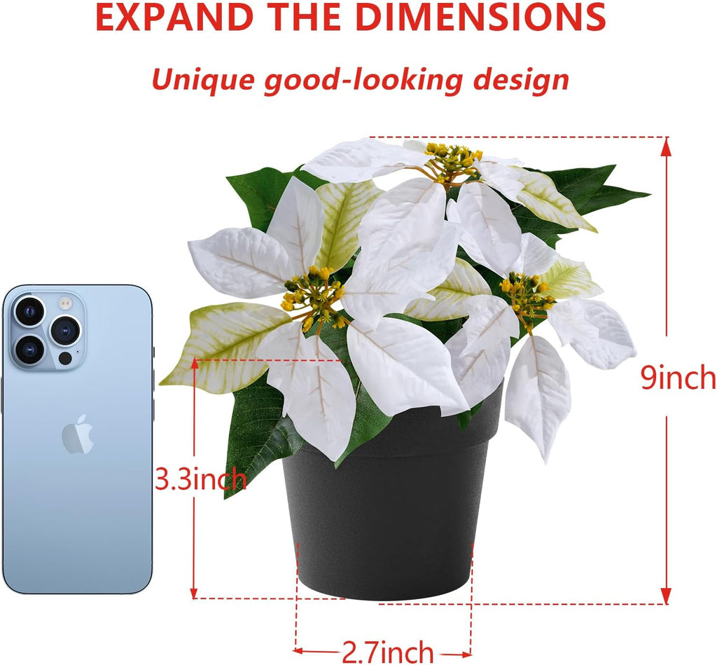 Poinsettias Artificial Christmas Flowers Tabletop 2 Pack Small Poinsettia Plant Artificial 9 Inch Faux Winter Flowers for Xmas Ornament Porch Home Garden Decorations(Cream)
