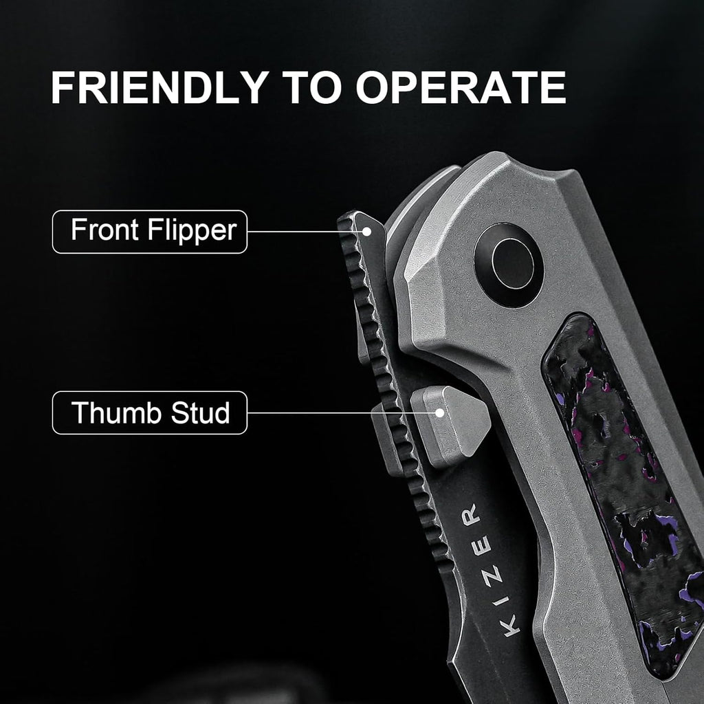 Kizer Feweed Pocket Knife, 2.98" S35VN Clip Point Blade Folding Knife with Titanium & Fat Carbon Purple Haze Handle, Front Flipper & Thumb Stud Opener EDC Knives for Camping Hiking KI3694A1