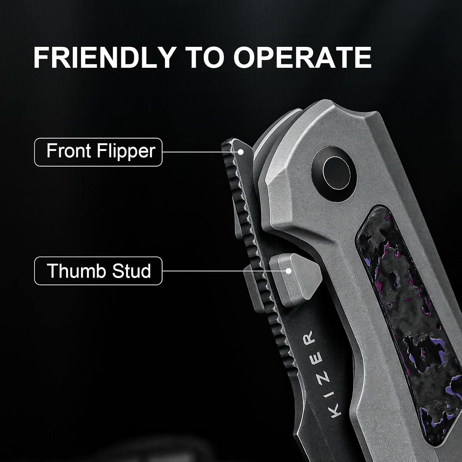 Kizer Feweed Pocket Knife, 2.98" S35VN Clip Point Blade Folding Knife with Titanium & Fat Carbon Purple Haze Handle, Front Flipper & Thumb Stud Opener EDC Knives for Camping Hiking KI3694A1