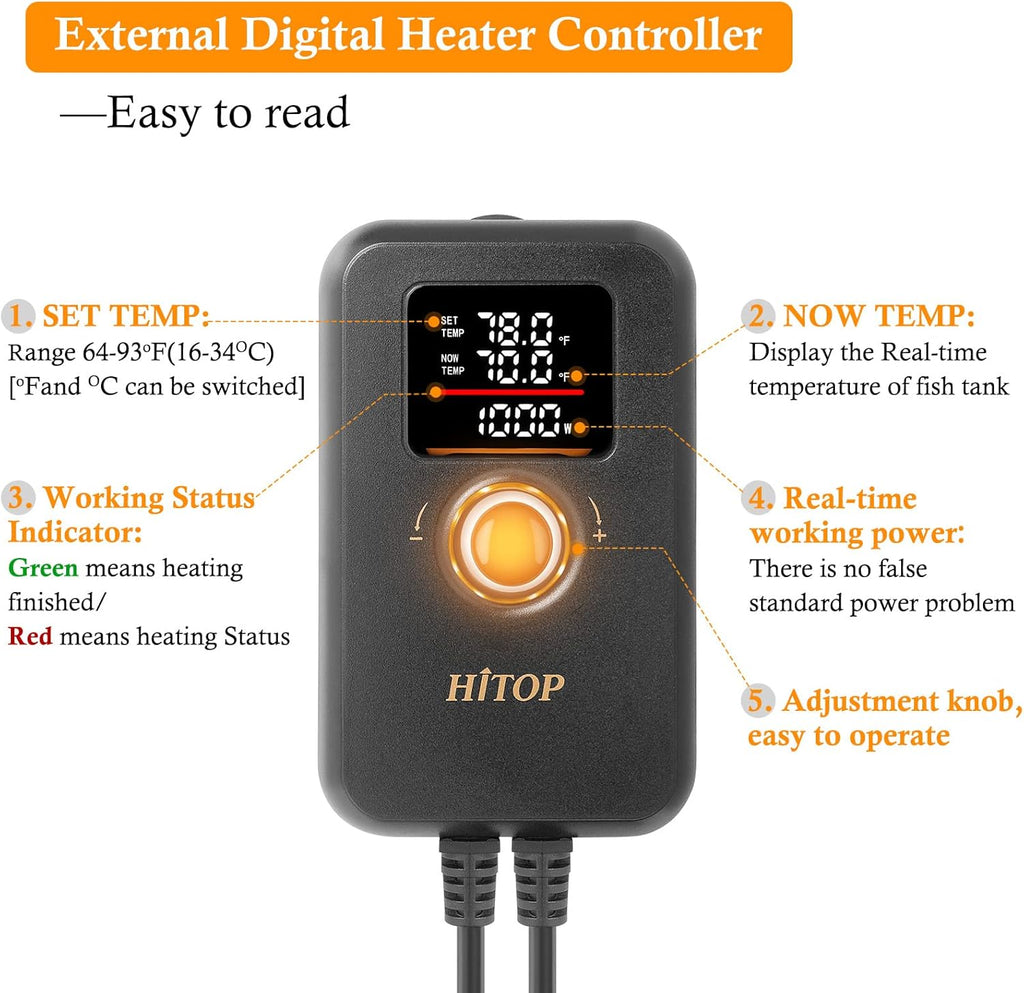 HITOP 1000W Digital Aquarium Heater: Titanium Fish Tank Heater with Temperature Control Device, Submersible Heater for Freshwater/seawater up to 300 Gallon
