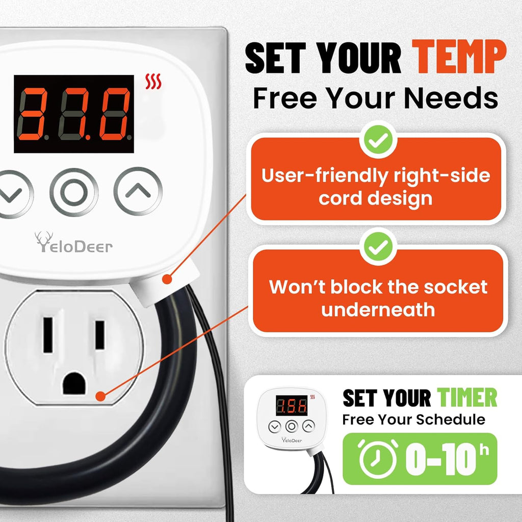 Digital Temperature Controller Outlet, Plug in Thermostat Switch 34-140°F, Timer Range 0h-10h,for Pipe Heating Reptile Greenhouse Aquarium Brewing Seedling Breeding and Hatching 110-120V 10A