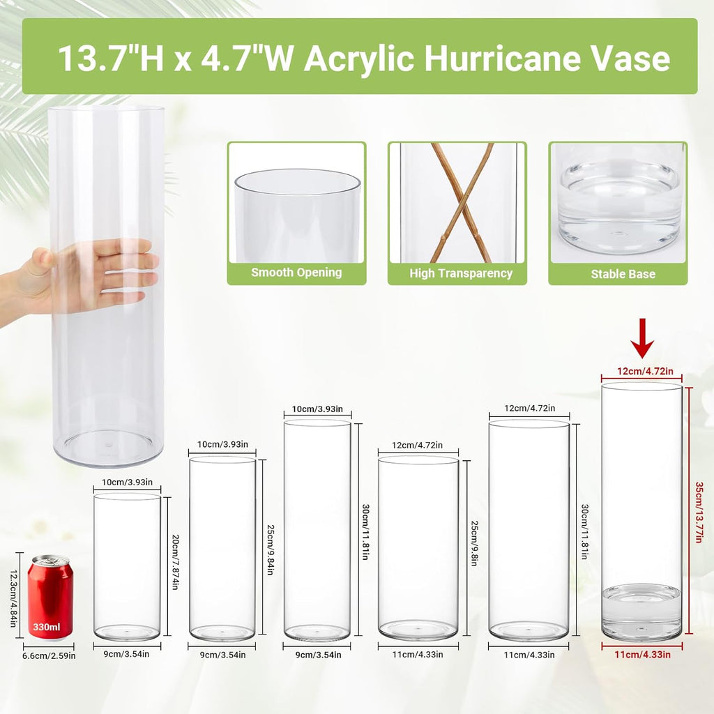 SUREAM 13.7 Inch Tall Acrylic Cylinder Vases(4.7” Wide), Plastic Flower Vases for Table, Clear Plant Containers for Floating Candle, Wedding Centerpieces, Home Party Decoration