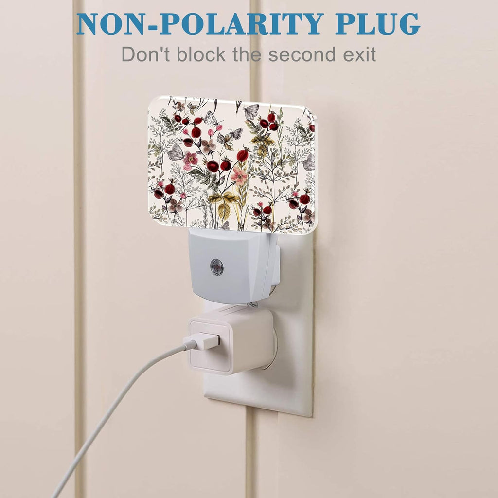 Vintage Flowers Plants Night Light, Butterfly Nightlight Plug into Wall with Dusk to Dawn Sensor for Kid Girls Boys Women Men Bedroom, Hallway, Kitchen, Bathroom, Stairs Decor