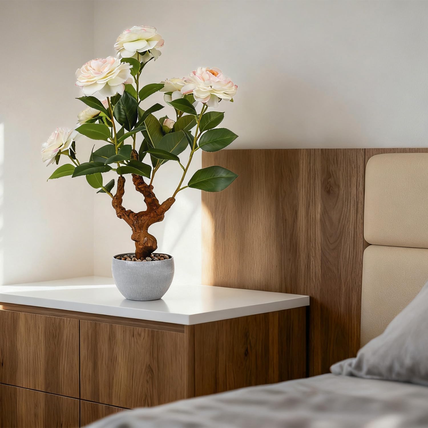 TOARTi Artificial Camellia Potted Plant with Stone Pot, 20" Tall Fake Potted Flowers Faux Desk Plant, Realistic Decorative Plants Indoor Decor for for Home Bedroom Bathroom Office Desk