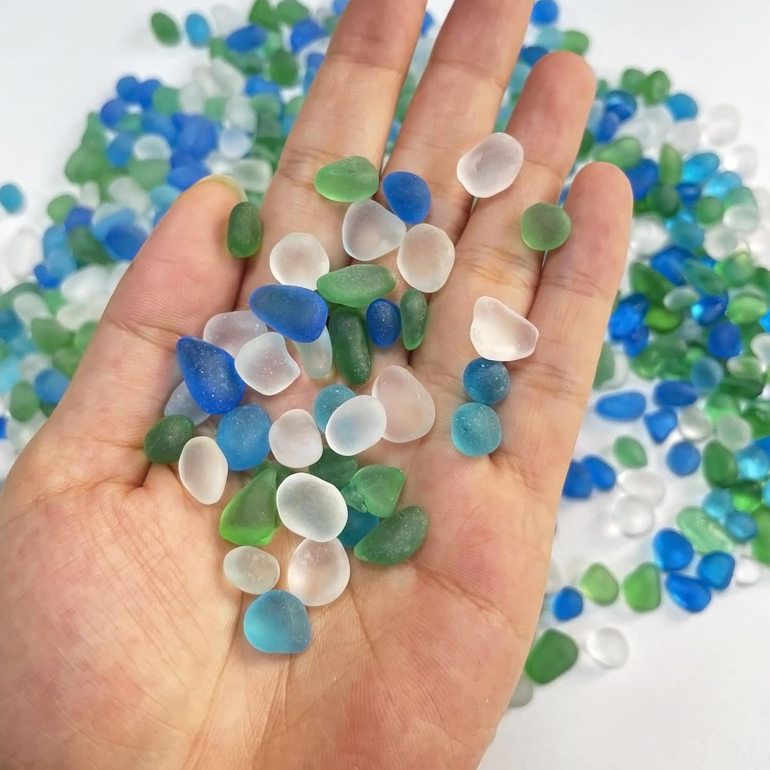 Glass Stones, 0.85LB/385g Mix Blue Green White Glass Rocks for Vase, Aquarium Pebbles for Fish Tank, Sea Glass Rocks for Vase Filler Craft