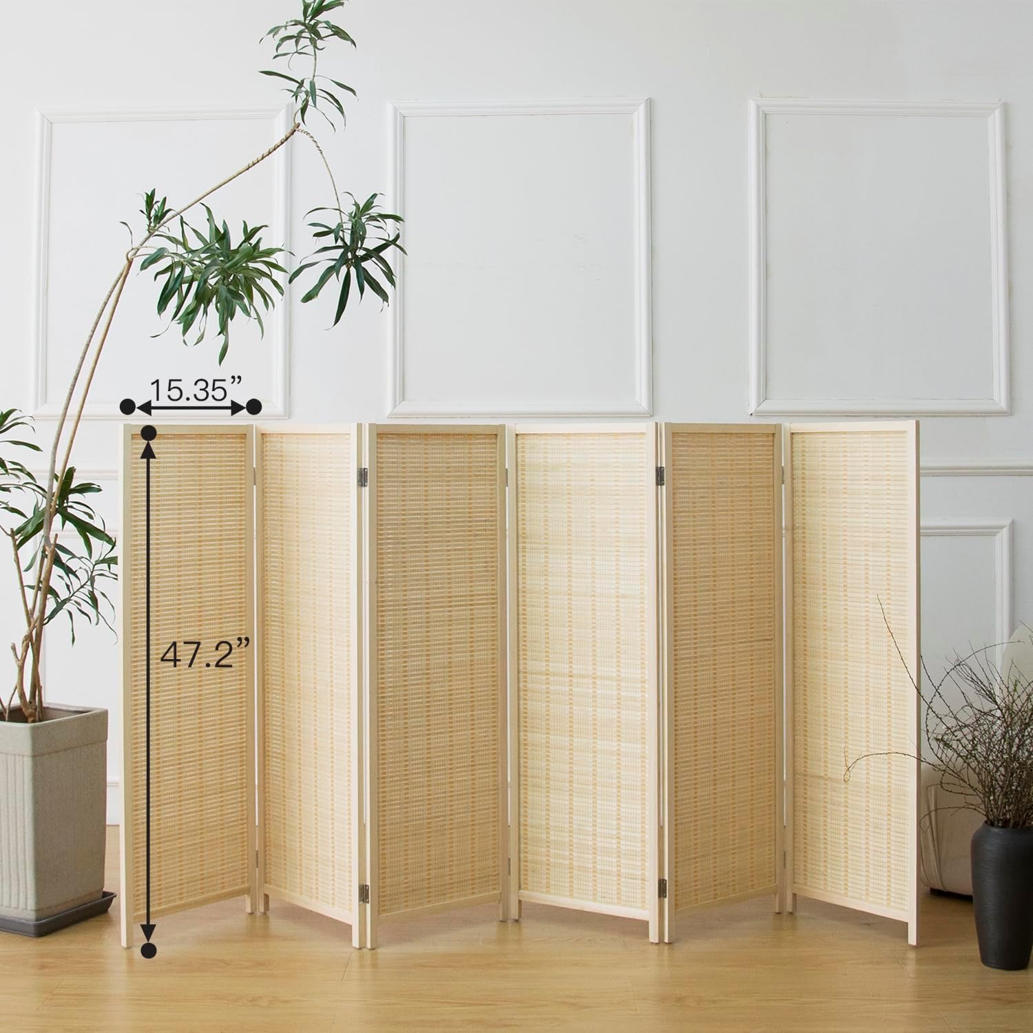 6 Panel Room Divider Short Folding Screen Divider,Double Sided Bamboo Panel Divider for Room Separation,Beige,47.2" H x 92.1" W