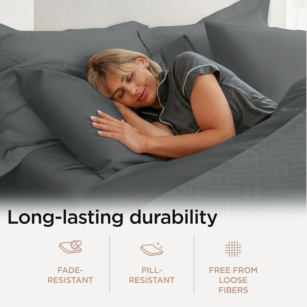 Threadmill 100% Cotton Sheets for King Size Bed - 600 Thread Count King Bed Sheets Set with 16” Deep Pocket - Sateen Weave 4-Piece Bedding Set with Cooling Effect, Dark Grey