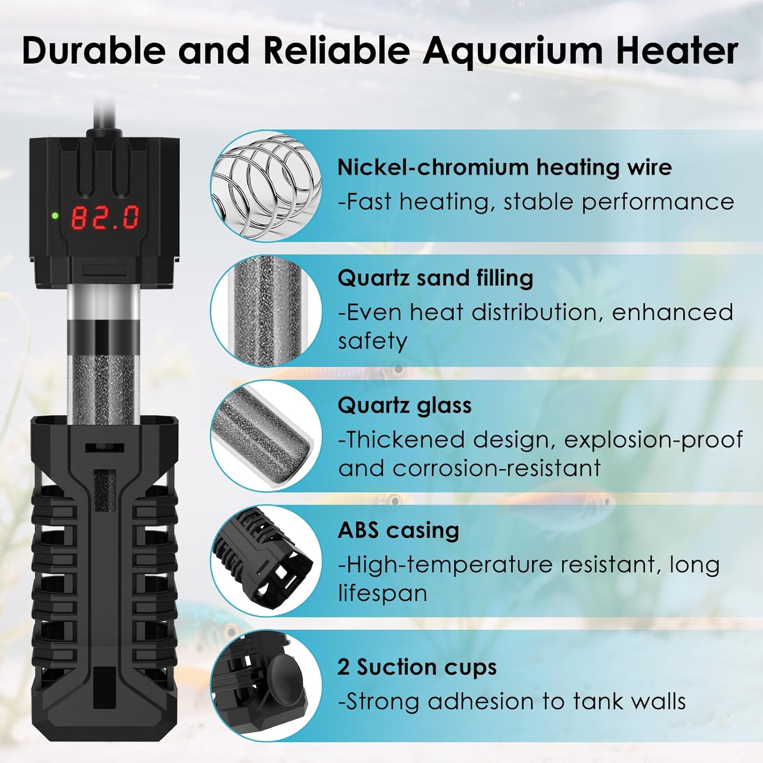 25W Aquarium Heater, Adjustable Small Fish Tank Heater, with Digital Display, Overheat Protection & Dry Run Protection, for 1-5 Gallon Water
