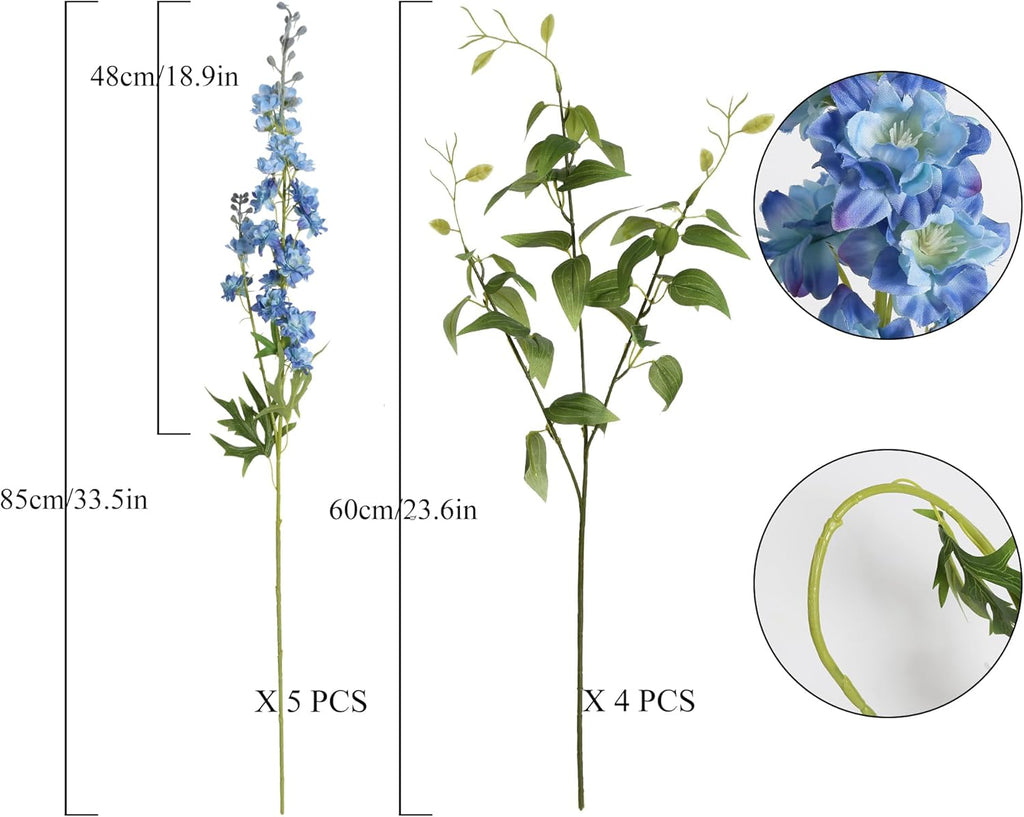 IPOPU Blue Silk Flowers - 9PCS Artificial Flowers Combo: Blue Delphinium, Clematis Greenery, 33.5" Long Stem for Tall Vase, Bluebonnet Decor, Floral Centerpiece, Bridal Bouquets for Wedding