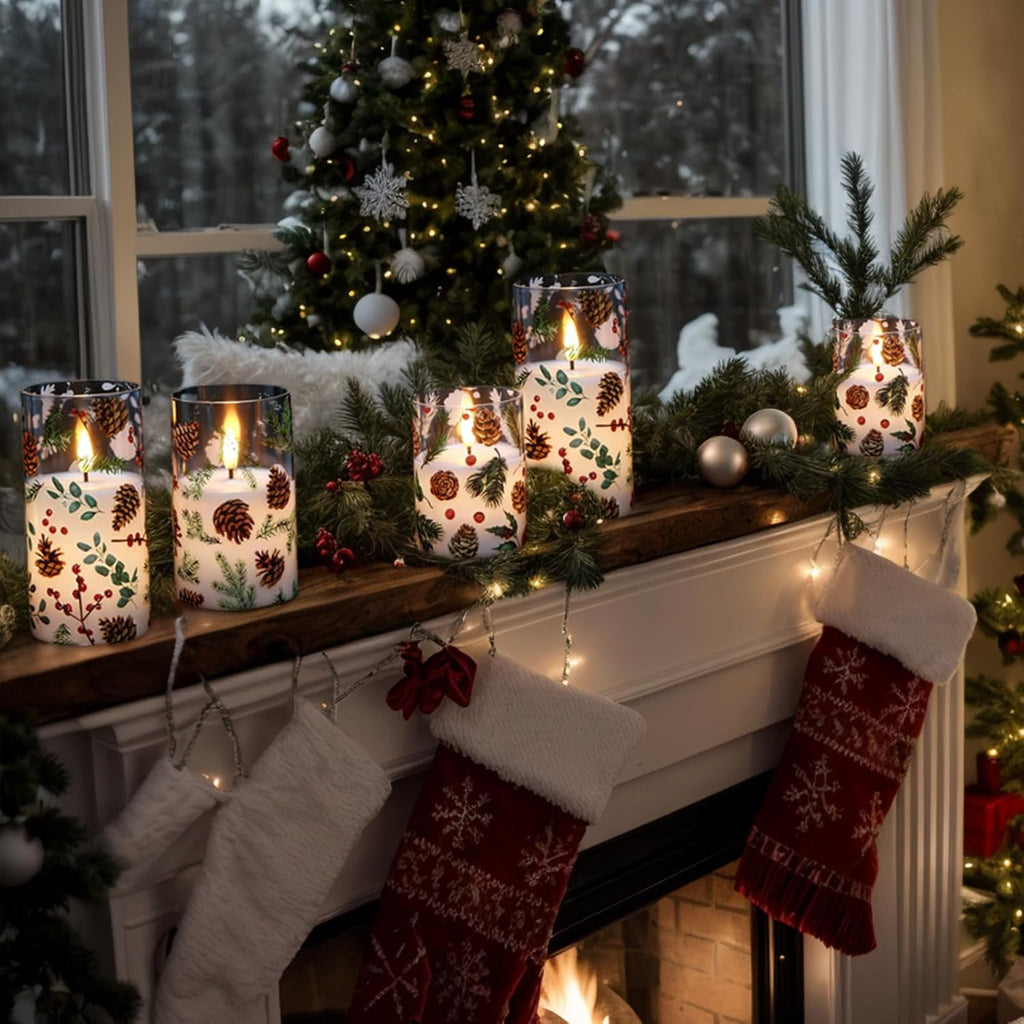 GenSwin Christmas Flameless Candles Battery Operated with Pinecone Decals, 3 Pcs Glass Flameless Candles with Remote Timer and 3D Flickering Flame for Christmas Holiday Decor(Set of 3, D3” x 4”5”6”)